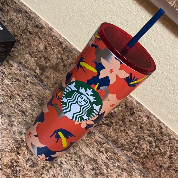 NWT Starbucks Orange Navy Hibiscus Flower Tumbler